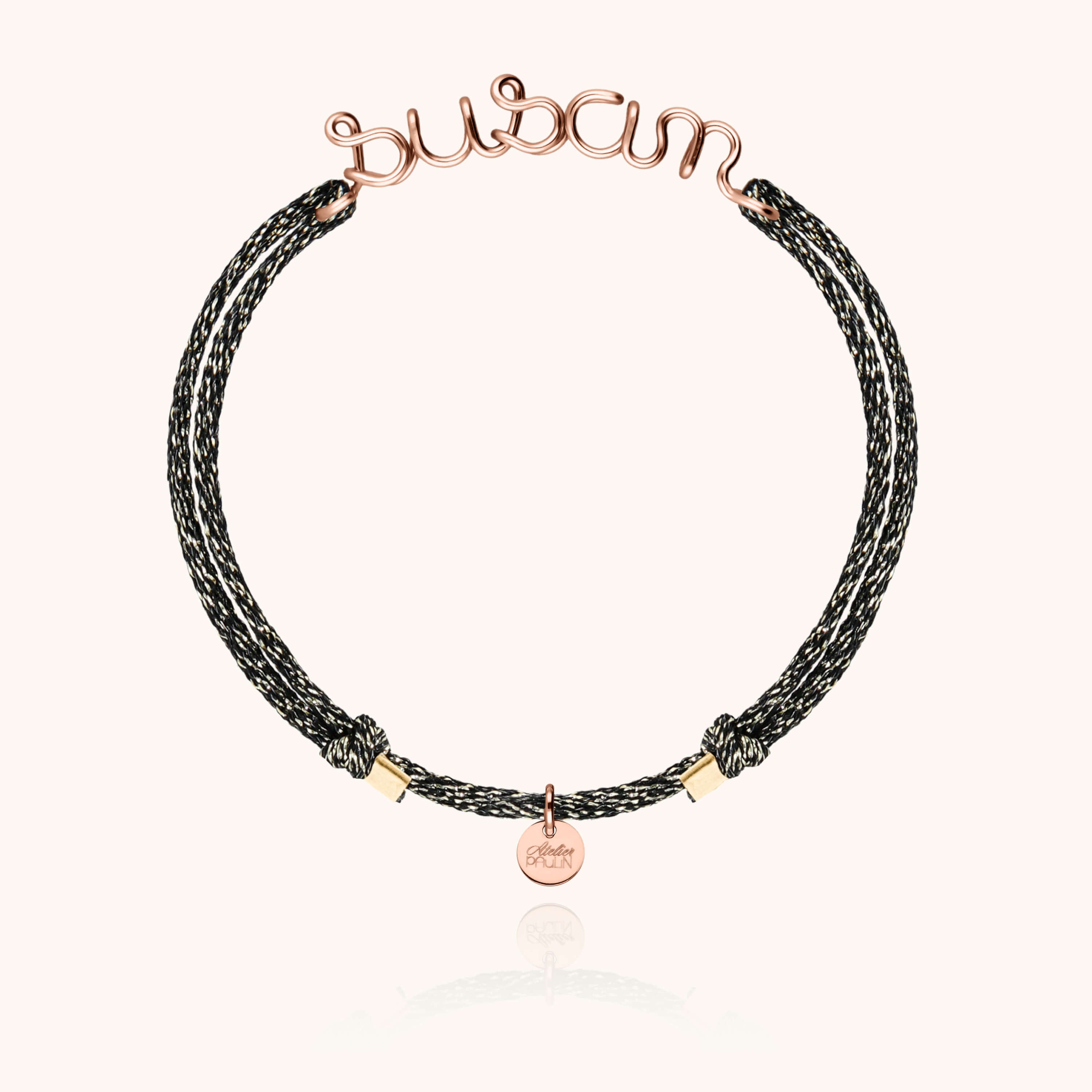 Bracelet Cordon Lurex Personnalisé — détail du fil métallique, or rose laminé