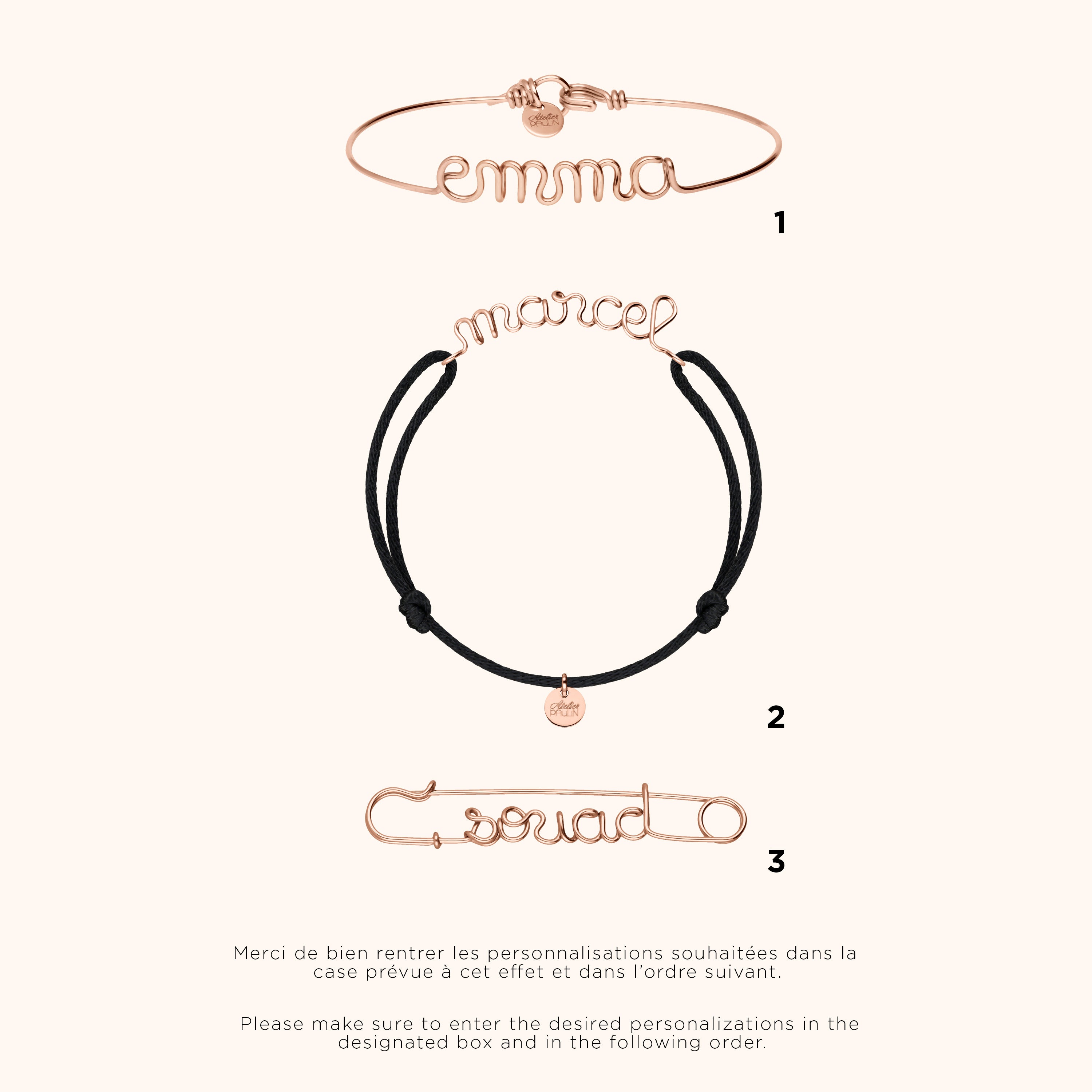 Détail façonnage prénom personnalisé or façonnage main sans soudure