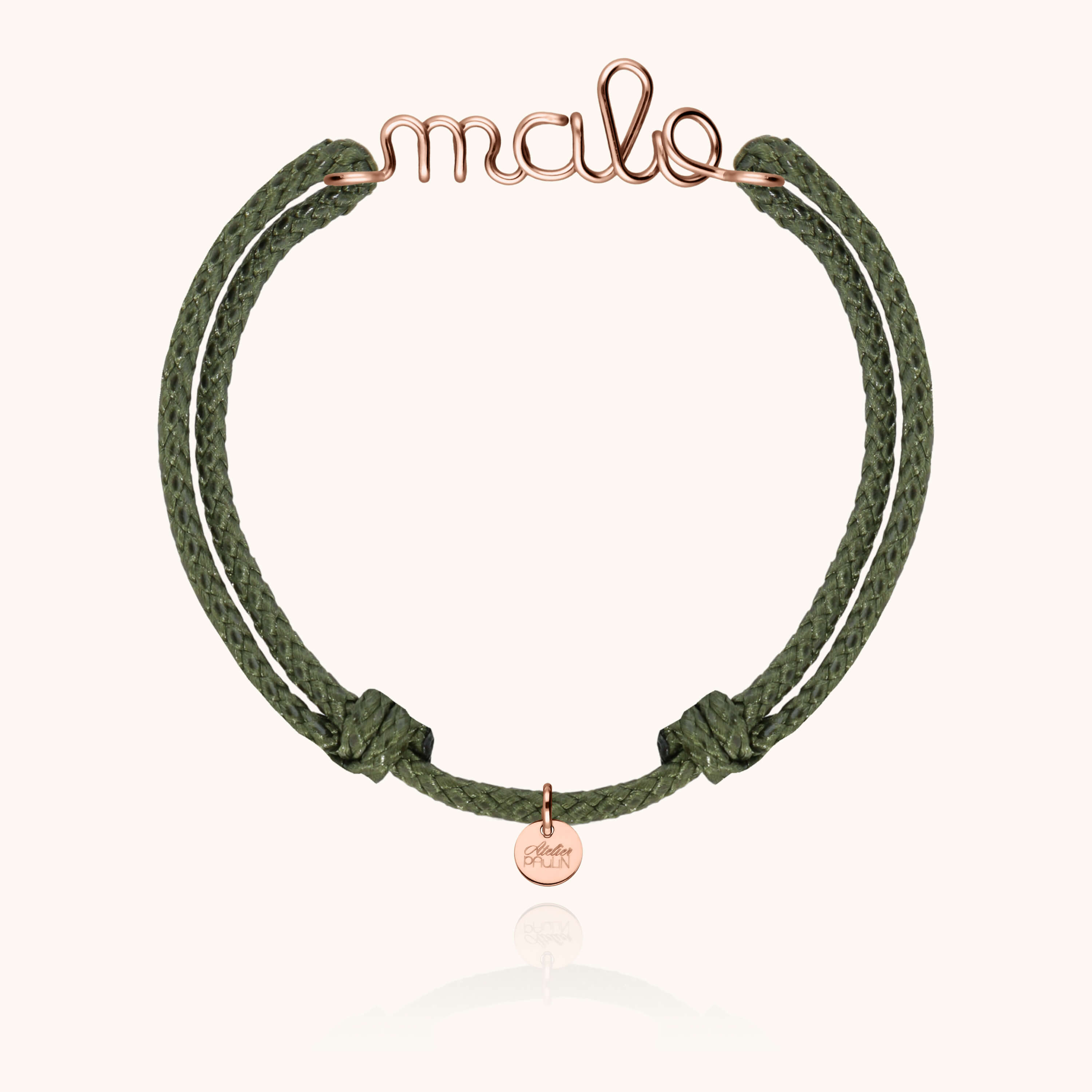 Bracelet Cordon Ciré Personnalisé Homme porté au poignet — or rose laminé expédition rapide et sécurisée